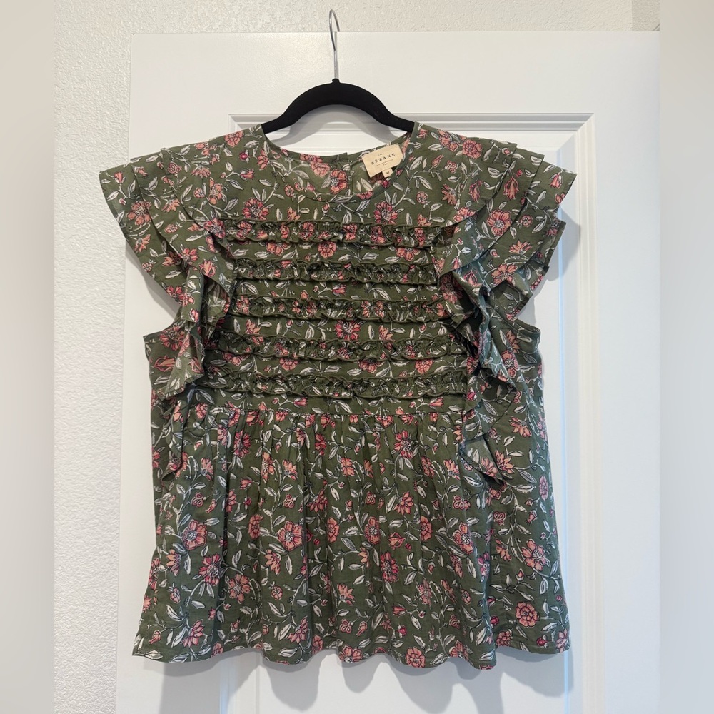 Sezane Green and Pink Floral Blouse
